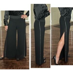 JS Collections black layered rhinestone trim chiffon high slit dress pants Sz 8